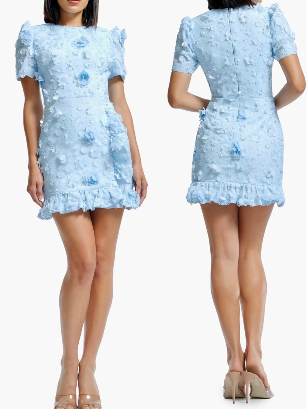 Dress the Population Powder Blue 3D Floral Mini Dress Sky Blue Size Large Formal